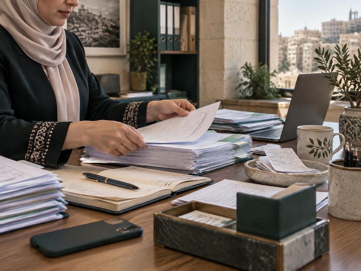 سجلات ورقية وإيصالات على مكتب جمعية